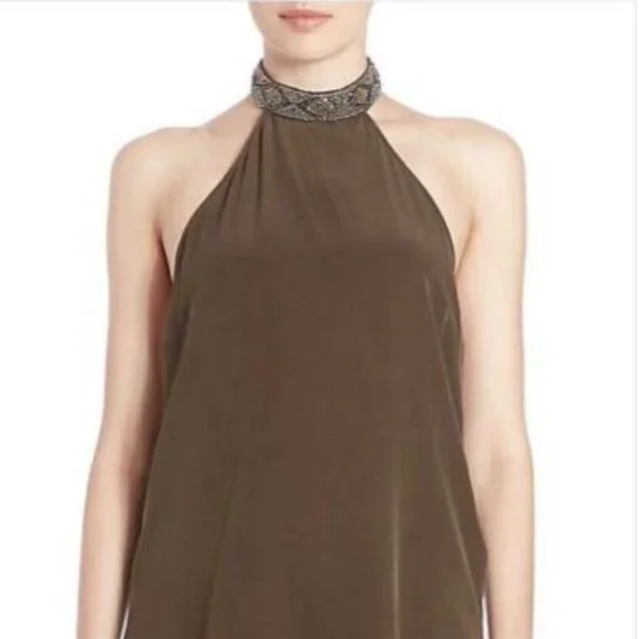 Haute Hippie Tops | Haute Hippie Silk Halter Top Embellished Sequin - Military Green, Size L | Color: Green/Silver | Size: L | Ms7117's Closet